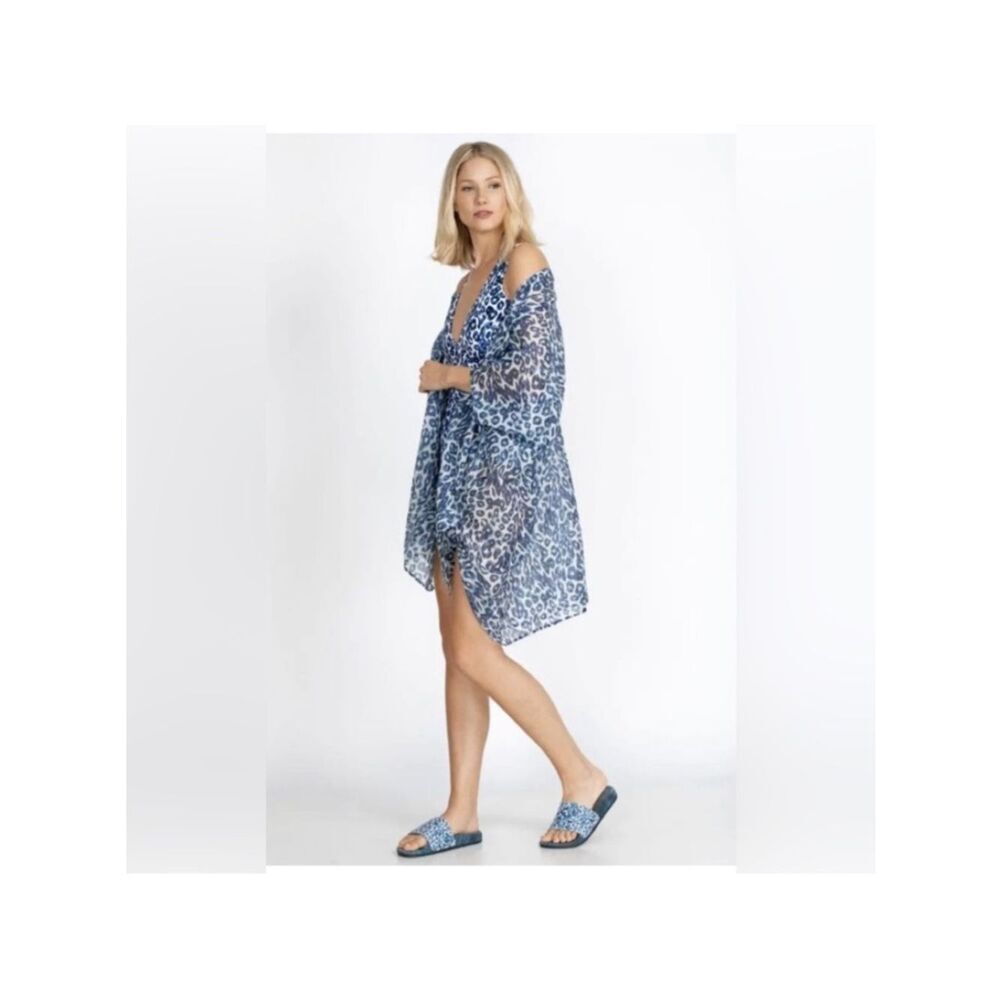 JOHNNY WAS CALME Blue Tiger Open Front Kimono Swim Cover Up NWT $158